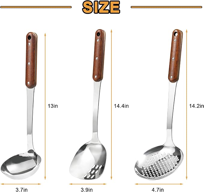 FJNATINH Stainless Steel Wok Spatula, Skimmer Ladle Tool Set, Mirror Polished - Image 3