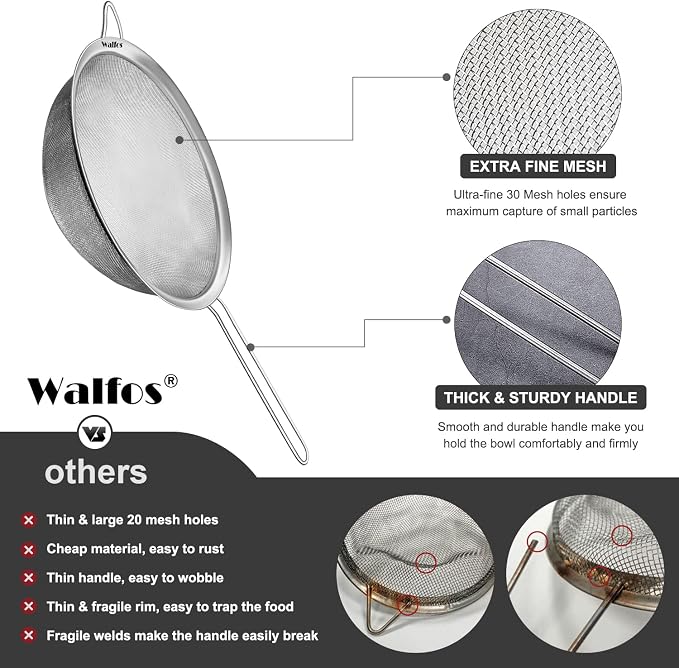 Walfos Large Fine Mesh Strainer 9.35" & 7.8", Stainless Steel Mesh Sieve - Image 8