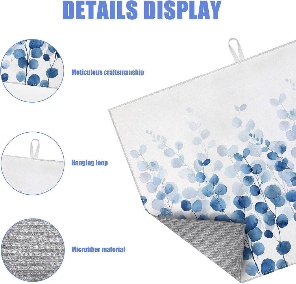 Blue Eucalyptus Leaves Dish Drying Mat for Kitchen Counter Drying Pad