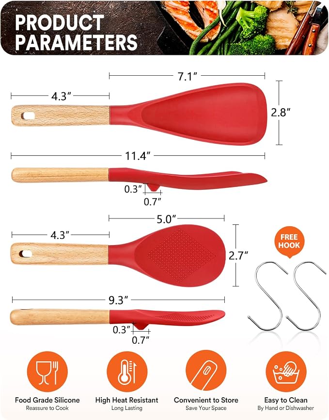 Cooking Spoon and Rice Scooper for Nonstick Cookwares, Wood Handle Spoon for - Image 2