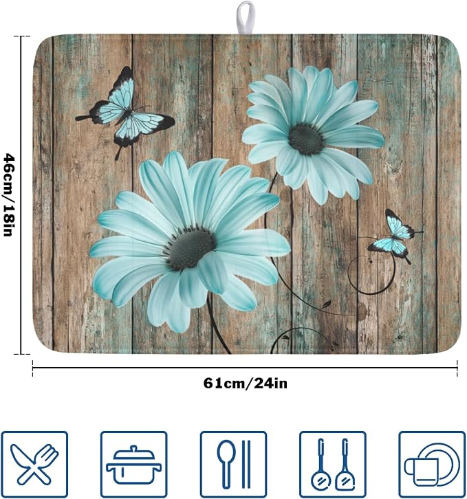 Teal Sunflowers Drying Mat 24x18 Inch, Summer Wooden Board Drying Mat - Image 2
