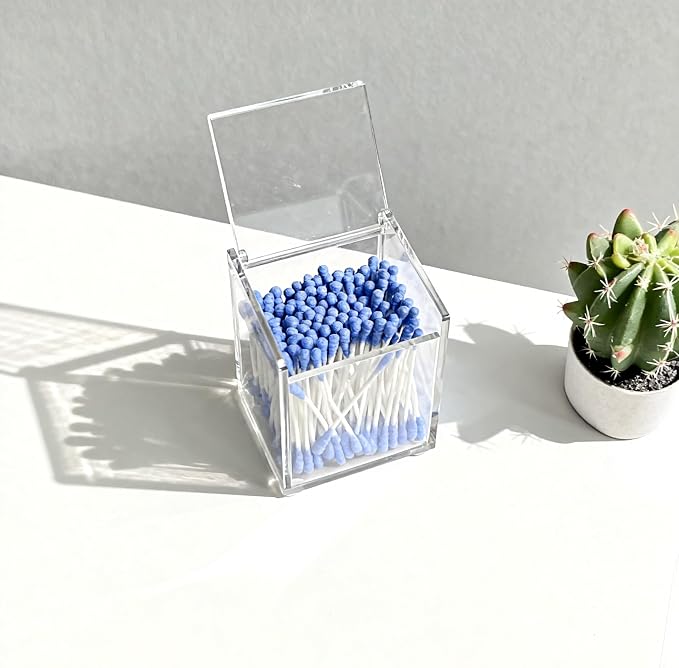 Clear Acrylic Qtip Holder with Lid, Cotton Balls Swab Organizer, 2.95" x 2.56" - Image 6
