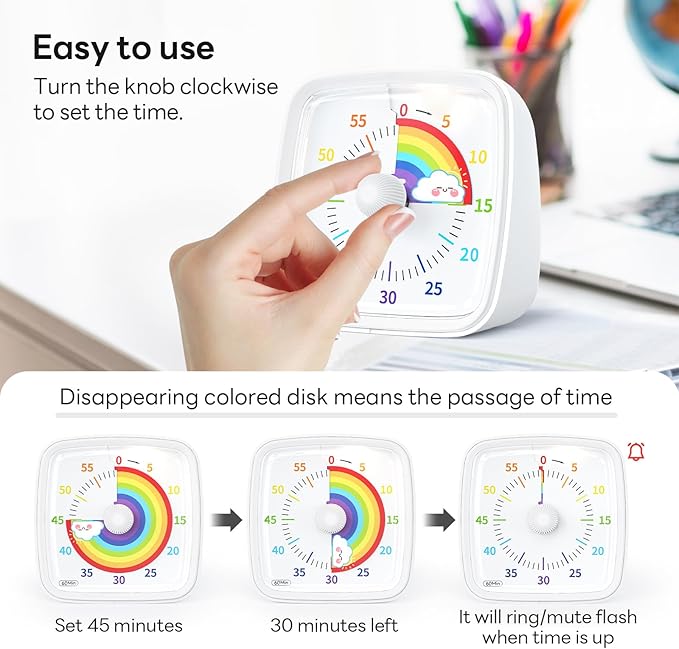 Yunbaoit Visual Timer with Night Light, 60-Minute Rainbow Countdown Timer - Image 3