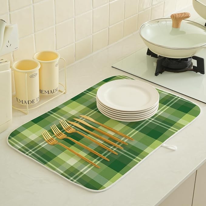 St. Patrick's Day Dish Drying Mat 18 x 24 Inch Green Buffalo Plaid Drying Mat - Image 2