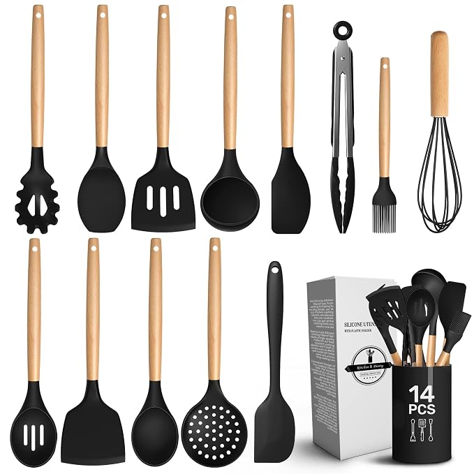 14 PCs Black Silicone Cooking Utensils Set by V-TOWER