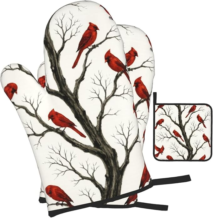 Christmas Pot Holders and Oven Mitts Set of 3, Winter Red Cardinal Kitchen - Image 2
