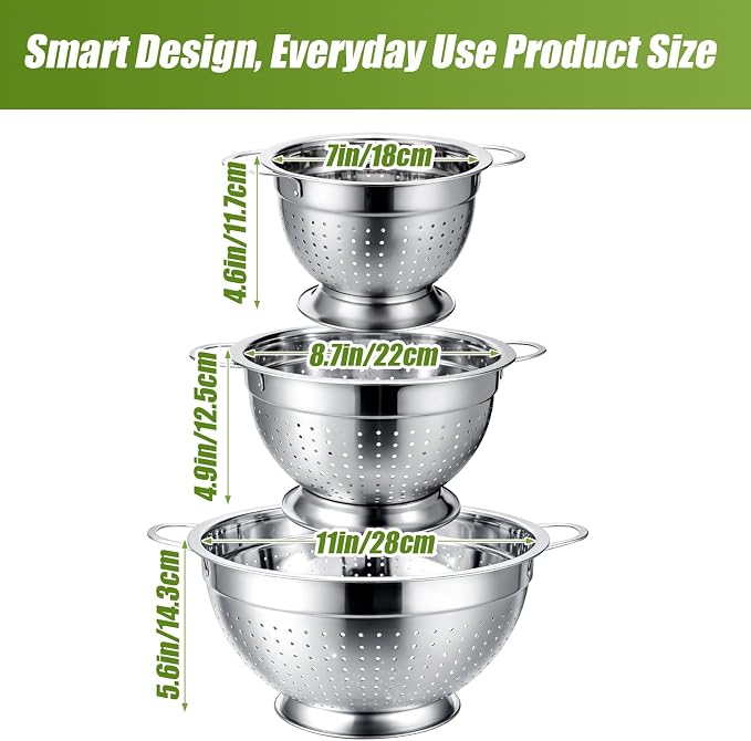 Palksky Stainless Steel Colander Set of 3, Nesting Metal Strainers - Image 4