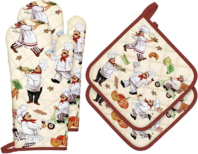 Chef Oven Mitts and Pot Holders Sets 4Pcs, 100% Cotton Heat Resistant, Extra by Arquiel