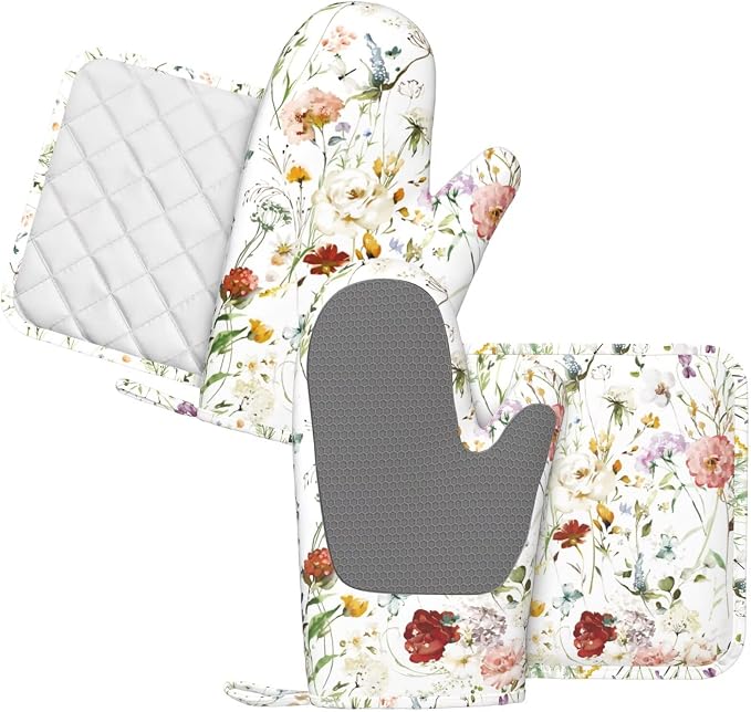 Wildflower Flower Oven Mitts and Pot Holders Set of 4 Silicone Boho Butterfly - Image 2