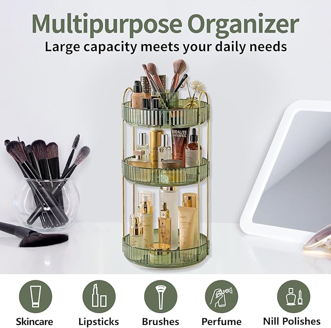 Asayuee 360 Rotating Makeup Organizer, 3 Tier Large Capacity Make Up Organizers - Image 6
