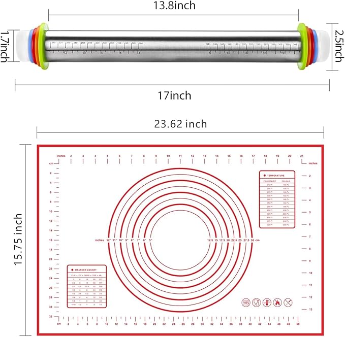 Stainless Steel Rolling Pin and Silicone Mat Set, Adjustable Thickness Rings - Image 2