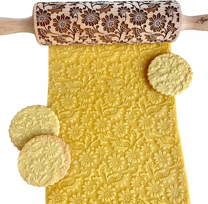 MOSS ROSE Embossed Rolling Pin for Ceramic. Clay Roller and Ceramic Stamp for by ALGISCRAFTS