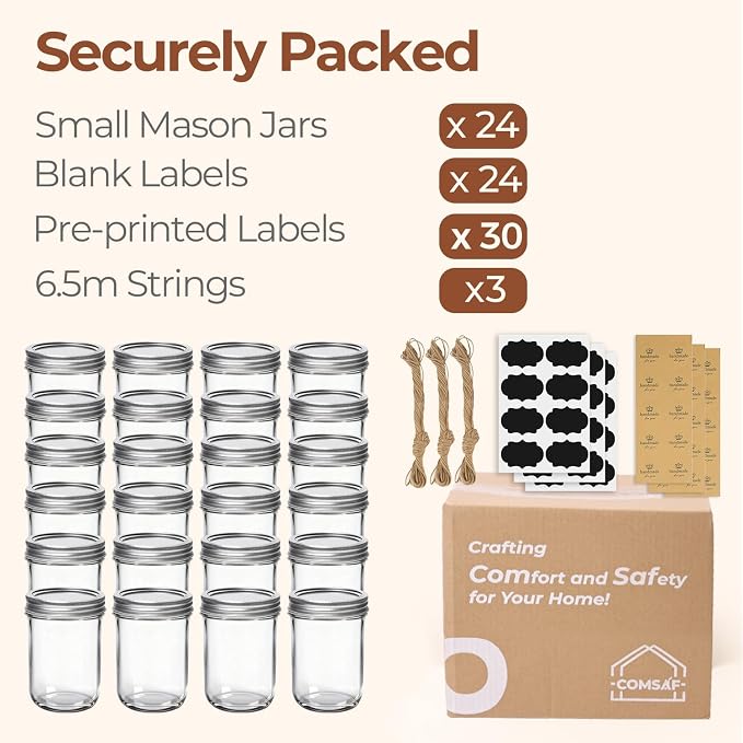 ComSaf Small Mason Jars 8 oz 24Pcs Bulk Set, Half Pint Regular Mouth Mason Jar - Image 8