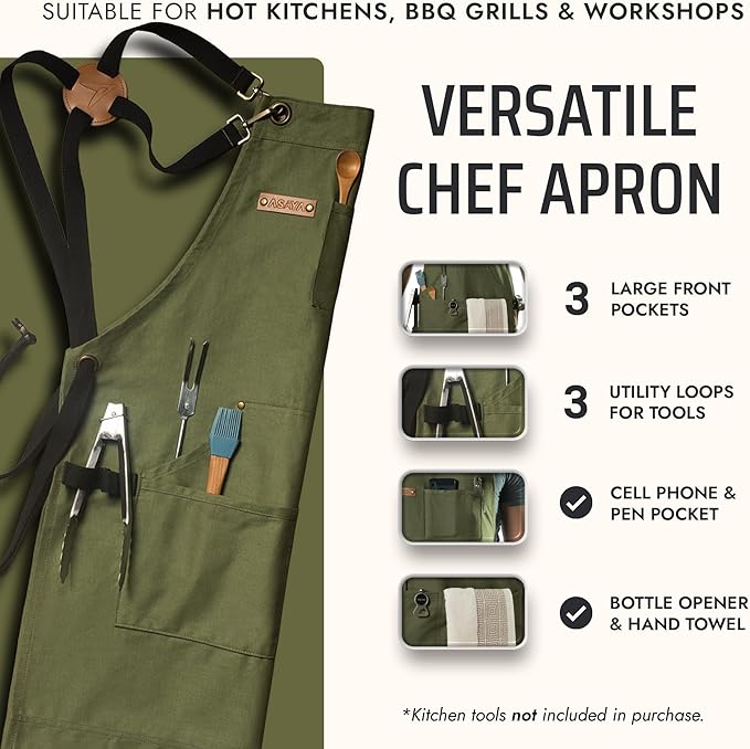 Asaya Chef and BBQ Apron with Bottle Opener and Hand Towel - 10oz Cotton Canvas - Image 2