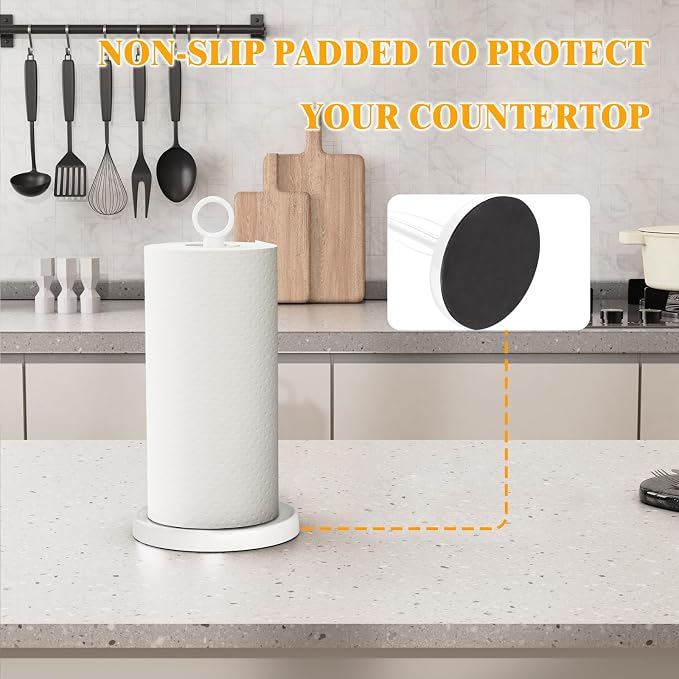 White Paper Towel Holder Countertop, One-Handed Tear, Stainless Steel, Weighted - Image 6