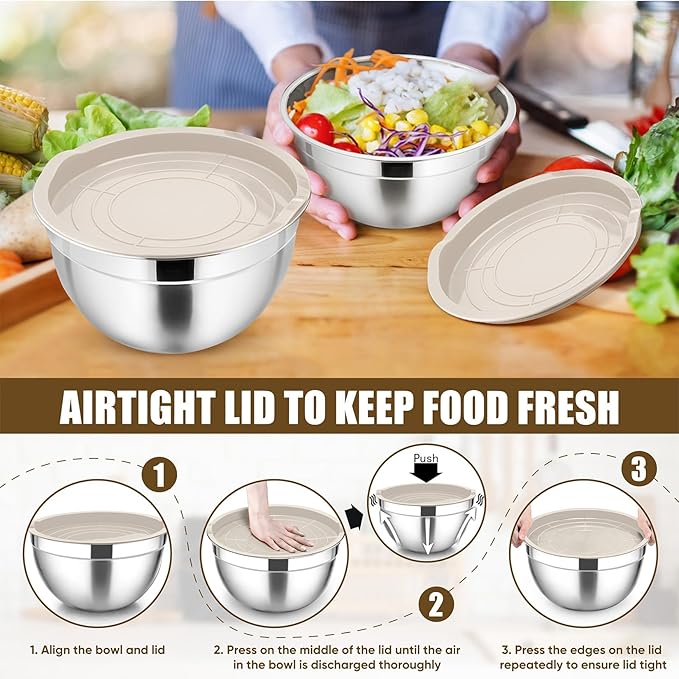 P&P CHEF Mixing Bowls with Airtight Lids Set of 5, 10-Piece Stainless Steel - Image 7