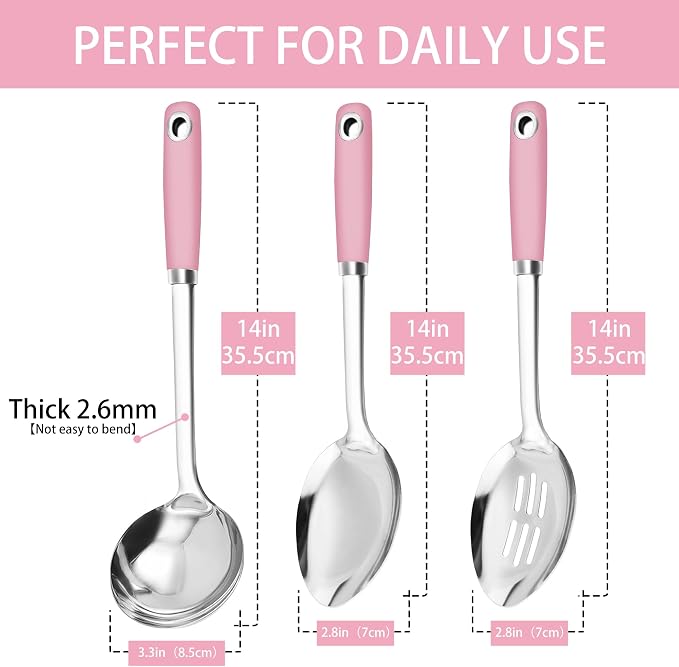 14-in Pink Cooking Spoons Set, Heavy Duty 18/0 Stainless Steel Large Serving - Image 3