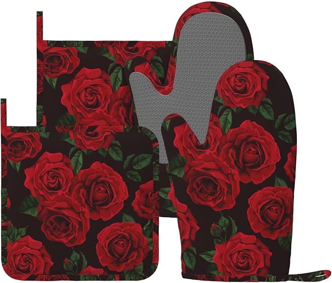 Red Black Rose Flower Oven Mitts and Pot Holders Sets of 4, Heat Resistant by Echoserein