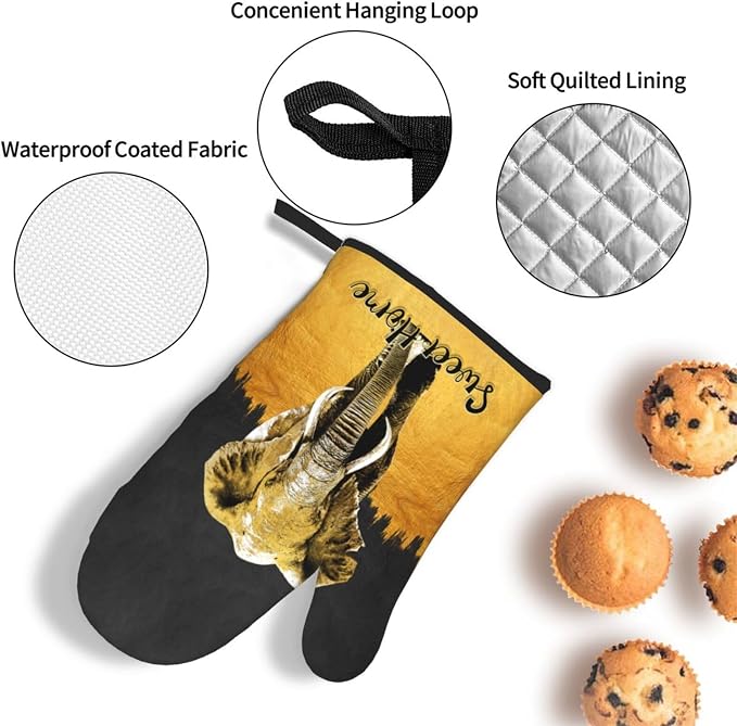 Elephant Oven Mitts and Pot Holders Sets of 3 Black Gold Hot Pads Oven Gloves - Image 5