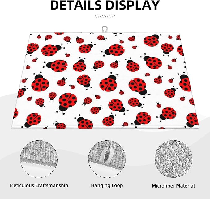 Red Ladybug Dish Drying Mat Cute Small Dots Fun Animal Themed Drying Rack Pad - Image 2