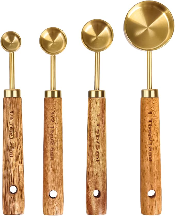 GuDoQi 8Pcs Gold Measuring Cups and Spoons Set, Wooden Handle, Premium - Image 3