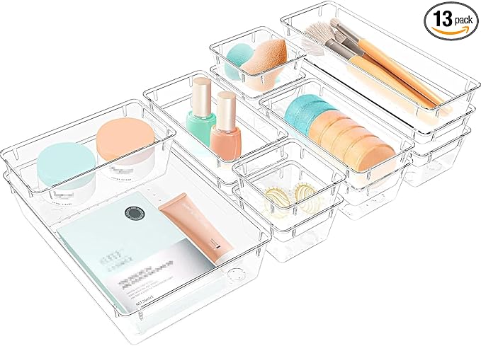 StorMiracle 13 PCS Clear Plastic Drawer Organizers Set, 4 Size Desk Drawer by StorMiracle