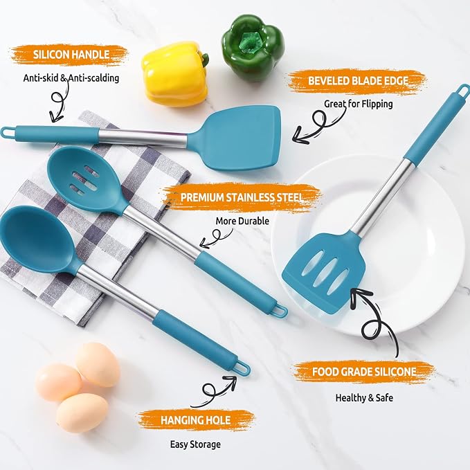 Cooking Utensils Set of 4, E-far Silicone Kitchen Utensils - Image 4