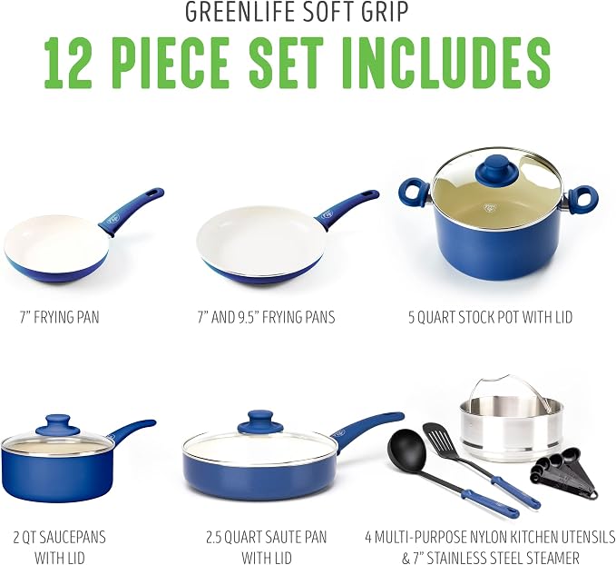 GreenLife Soft Grip Healthy Ceramic Nonstick 12 Piece Cookware Pots and Pans Set - Image 4
