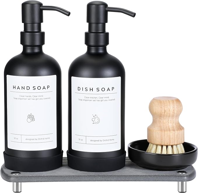 Kitchen Soap Dispenser Set - 16OZ Black Glass Bottle by ORCHID+HOME