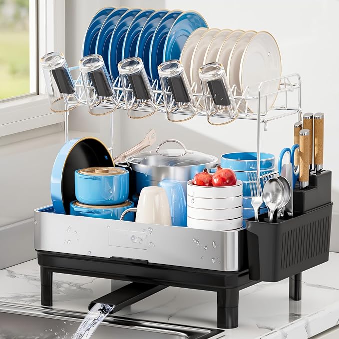 Ewaiira Dish Drying Rack, 2 Tier Large Dish Rack, Stainless Steel Dish Drainer by EwaiiraHomeStorageOrganizer