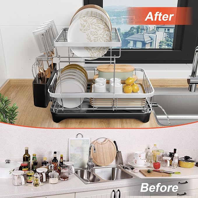 2-Tier Dish Drying Rack for Kitchen Counter, 304 Stainless Steel - Image 6
