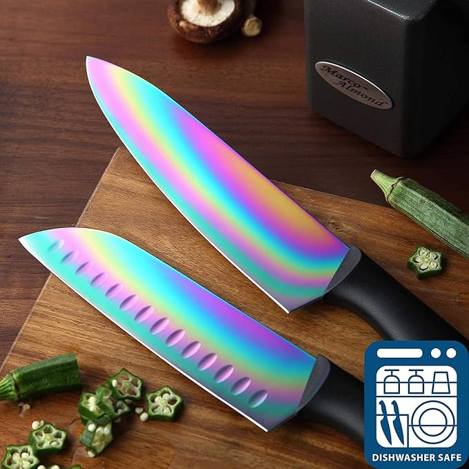 Marco Almond® Knife Block Set, 14-Piece Rainbow Color Stainless Steel Knife Sets - Image 4