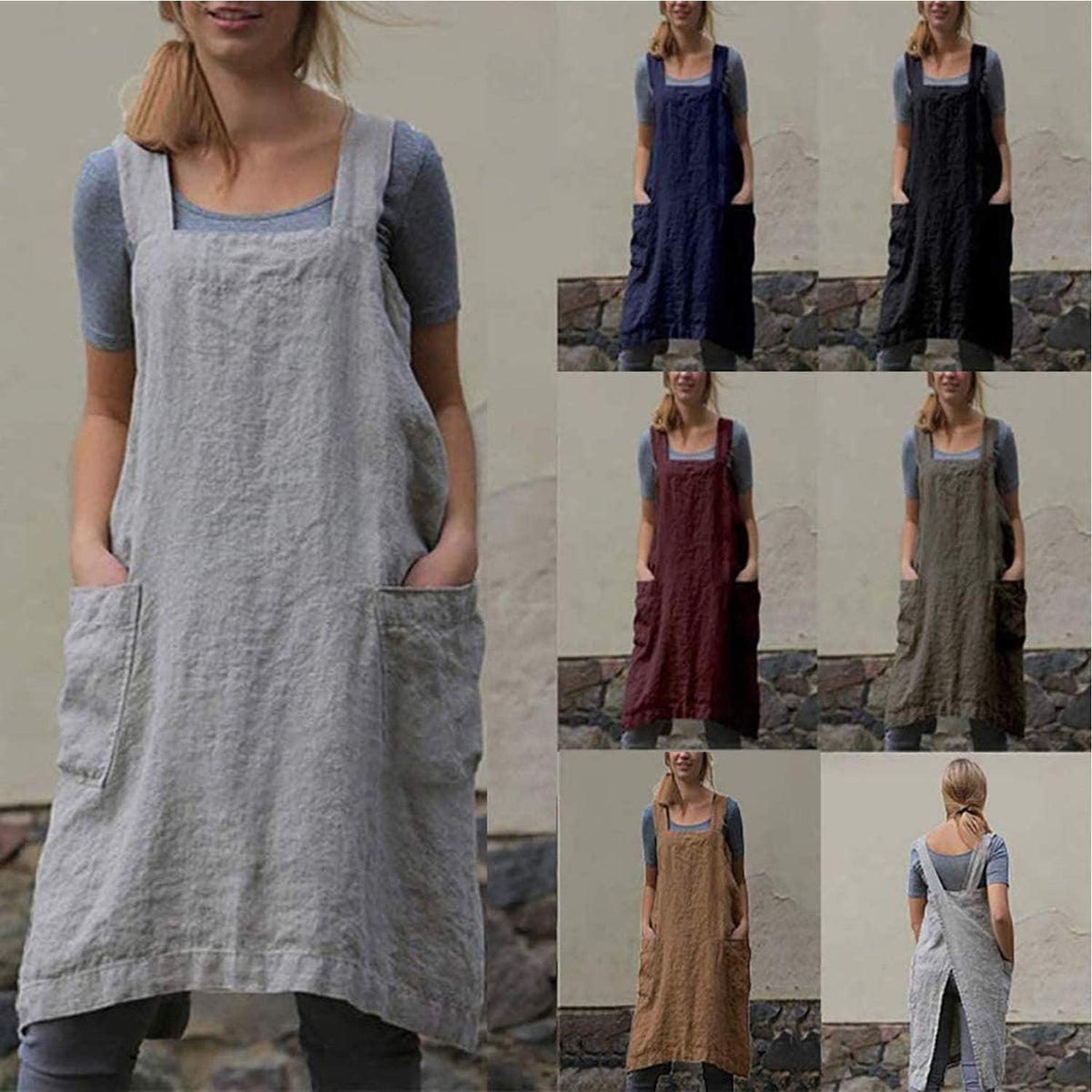 VLZUFE Cotton Linen Apron for women Cross Back Apron Pinafore Dress