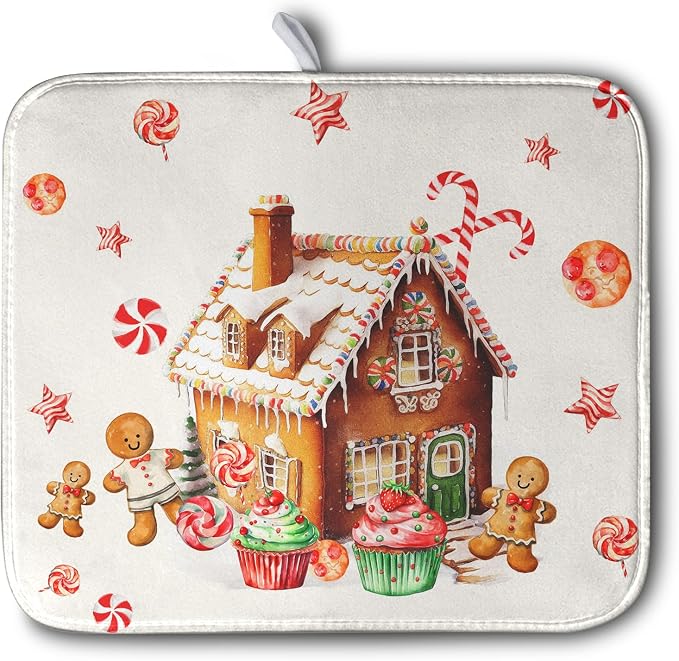 Christmas Dish Drying Mat for Kitchen Counter 16x18 Gingerbread House Man Candy by Kwlegh