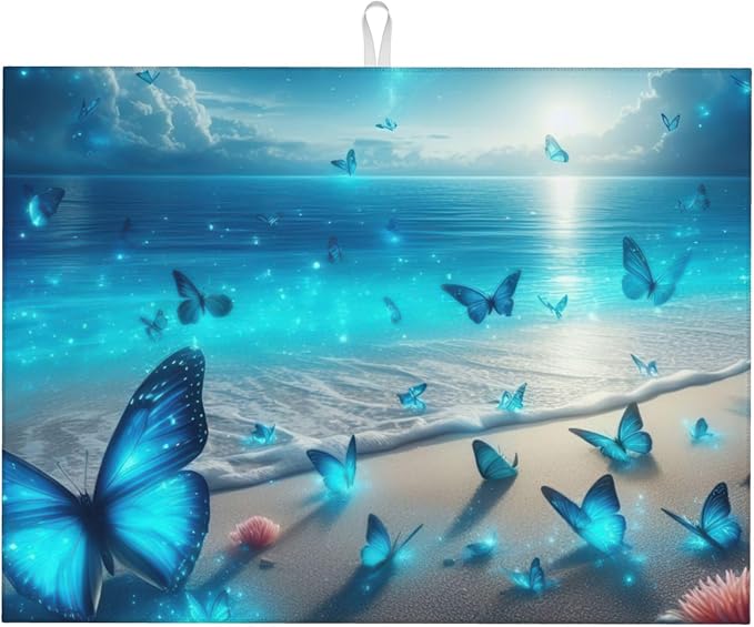 Blue Butterfly Beach Dish Drying Mat 18x24 Inch, Microfiber Absorbent Fast Dry by Unknown