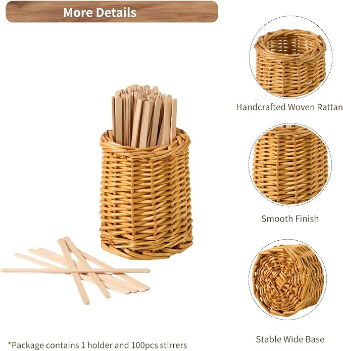 Wood Rattan Coffee Stirrer Holder Set - Image 3