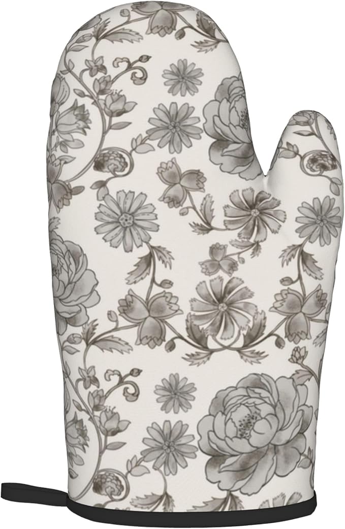 Vintage Flowers Oven Mitts and Pot Holders Sets Boho Kitchen Gloves White Grey - Image 8