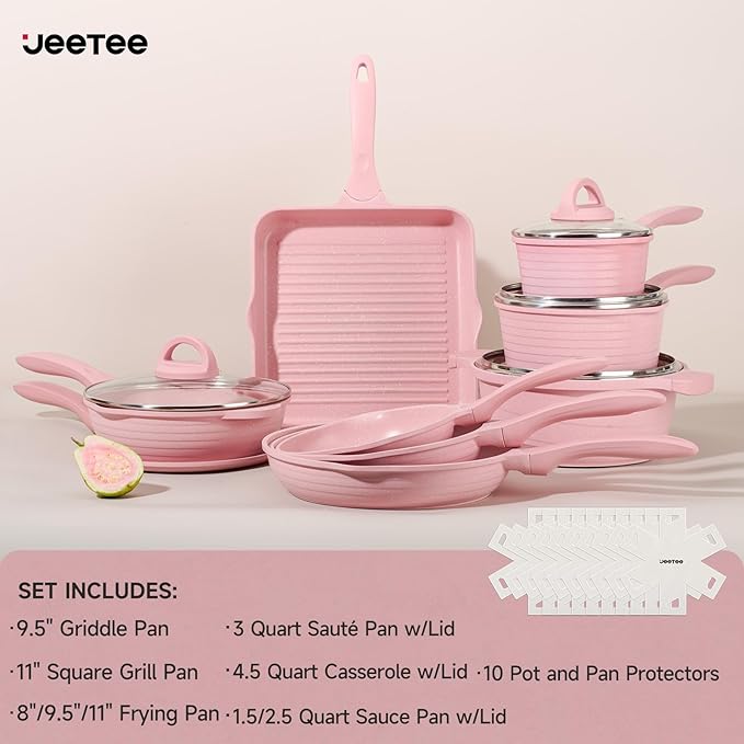 JEETEE Pink Pots and Pans Set Nonstick 23pcs, Healthy Kitchen Cookware Sets - Image 2
