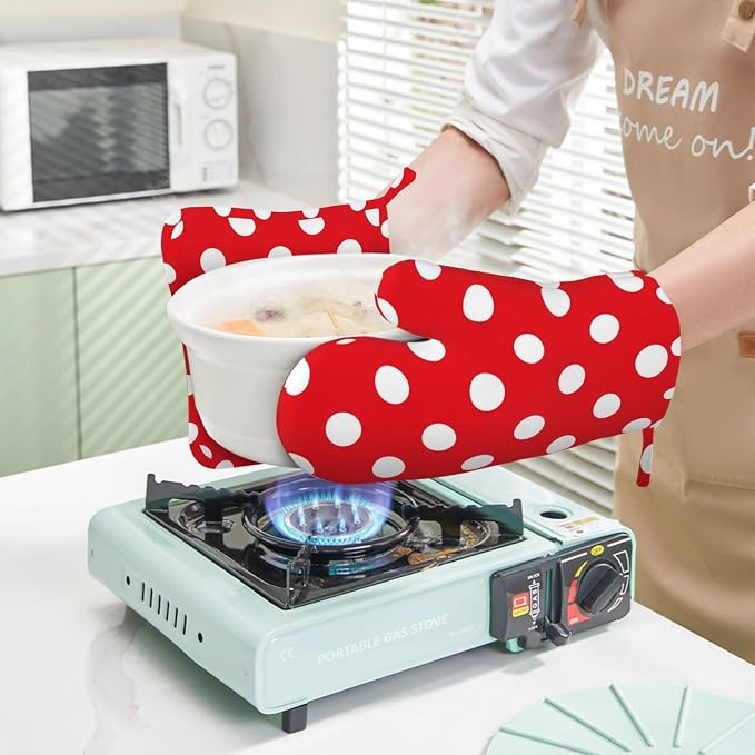 Red and White Polka Dot Oven Mitts and Pot Holders Sets of 4, Heat Resistant - Image 5