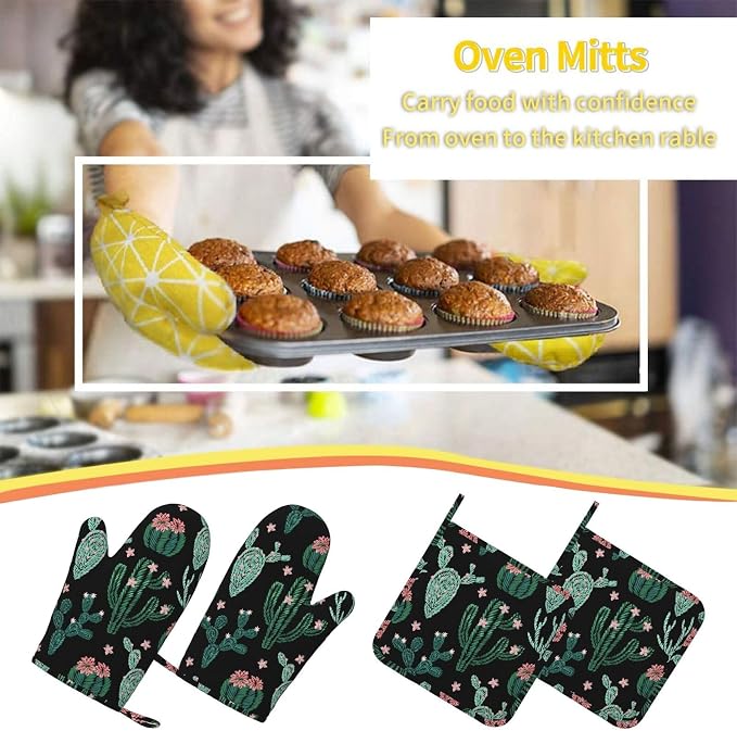 Trendy Cactus Oven Mitts and Pot Holders Sets of 4, Heat Resistant Silicone - Image 7