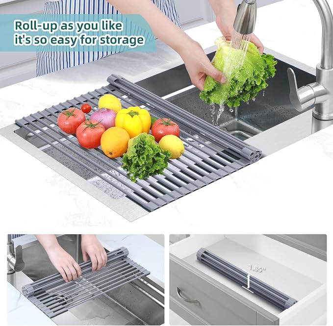 Ohuhu Over Sink Dish Drying Rack, Silicone Wrapped 17.6" W x 15.4" L Large Over - Image 7