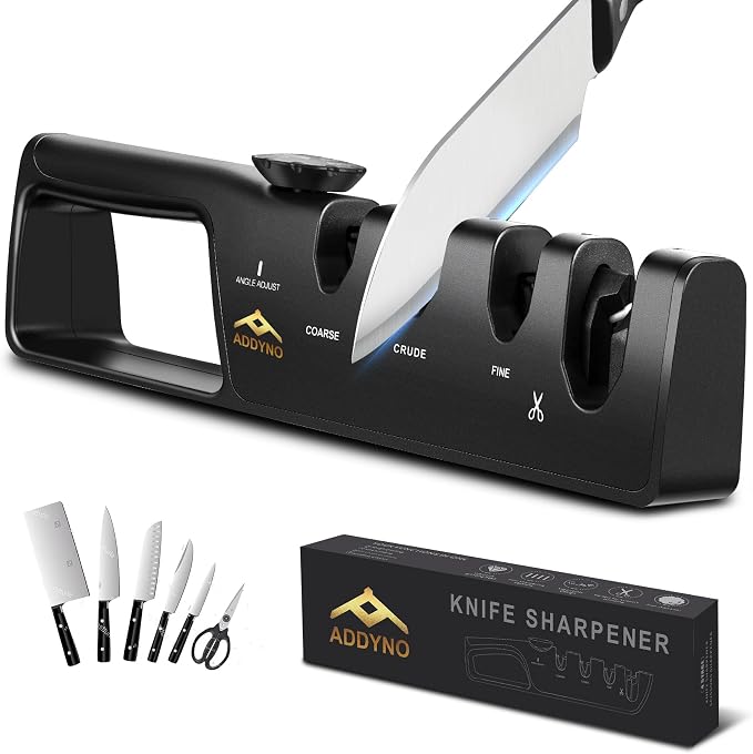 4-in-1 Knife Sharpener with Angle Guide, Adjustable Edge, 3-Stage by Addyno