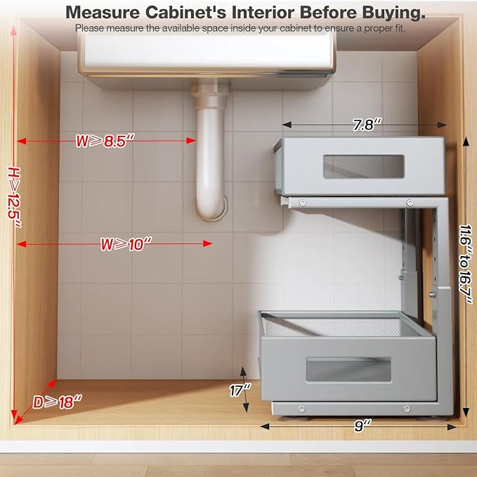 1 Pack 17IN Depth Under Sink Organizer, 2-Tier Pull Out Cabinet Organizer - Image 2