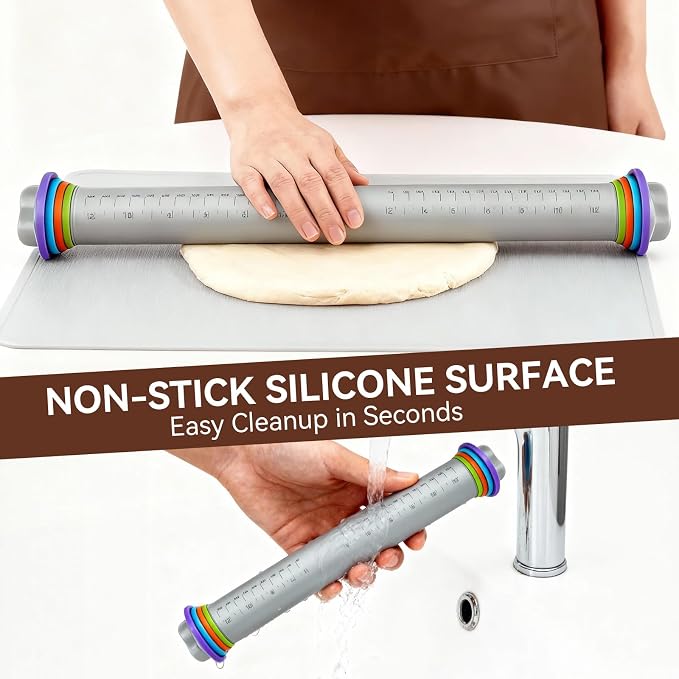 Adjustable Rolling Pin with Thickness Rings, 12.8" Silicone Non Stick Dough - Image 3