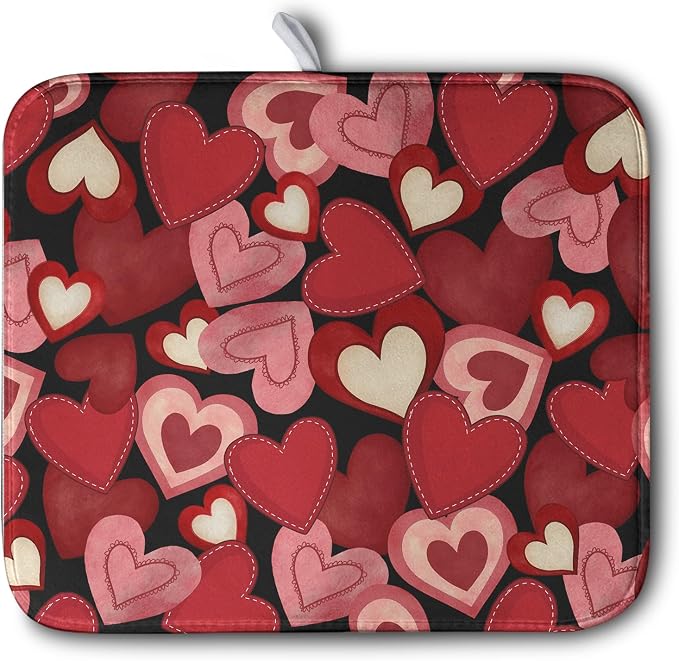 Valentine Dish Drying Mat for Kitchen Counter Red Black Love Heart Drying Pad by Kwlegh