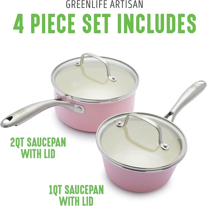 GreenLife Artisan Healthy Ceramic Nonstick, 1QT and 2QT Saucepan Pot Set - Image 5