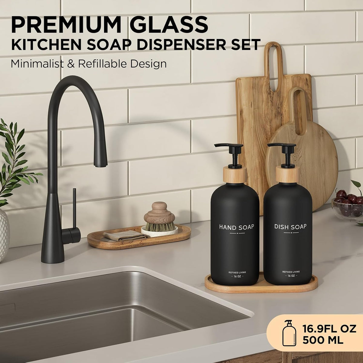 Hand and Dish Soap Dispenser Set,16oz Glass Bottles with Bamboo Pumps