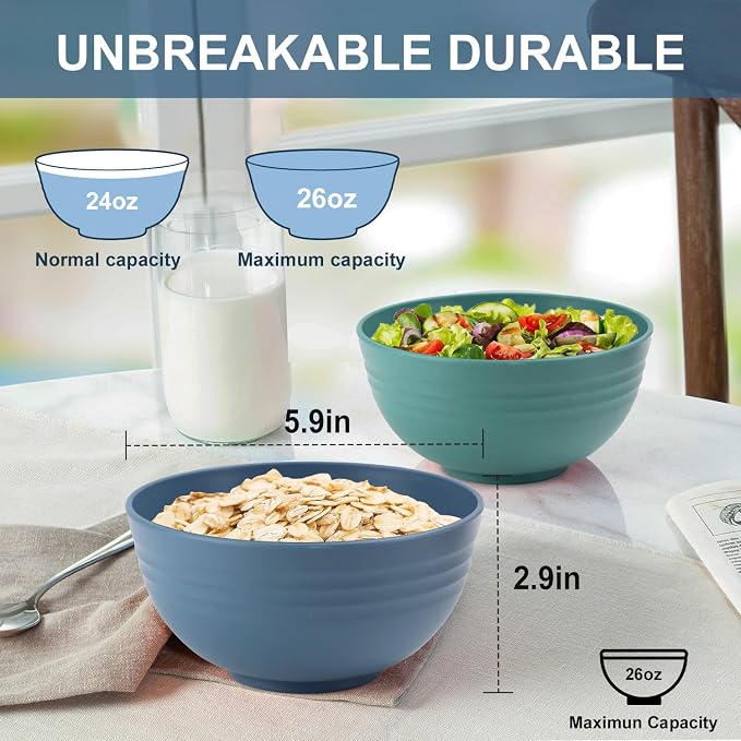 Wheat Straw Bowl 26oz, Unbreakable Cereal Bowls Set of 6, Lightweight Soup & - Image 2