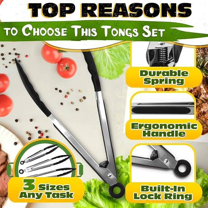 Kitchen Tongs Set of 3-7/9/12" Silicone Tipped Tongs - Image 4