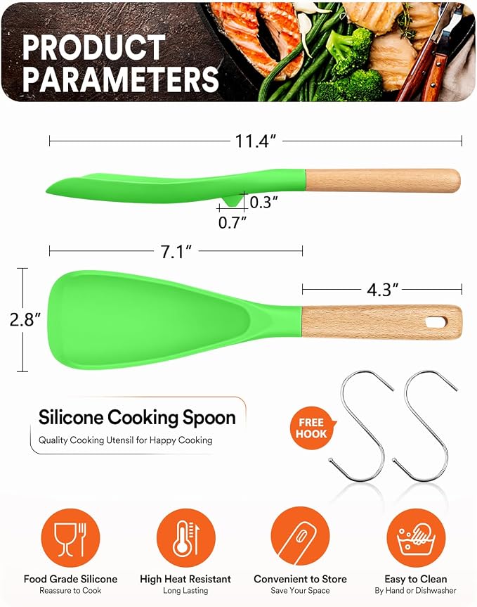 Cooking Spoon for Nonstick Cookwares, Wood Handle Spoon for Mixing, and Scrape - Image 2